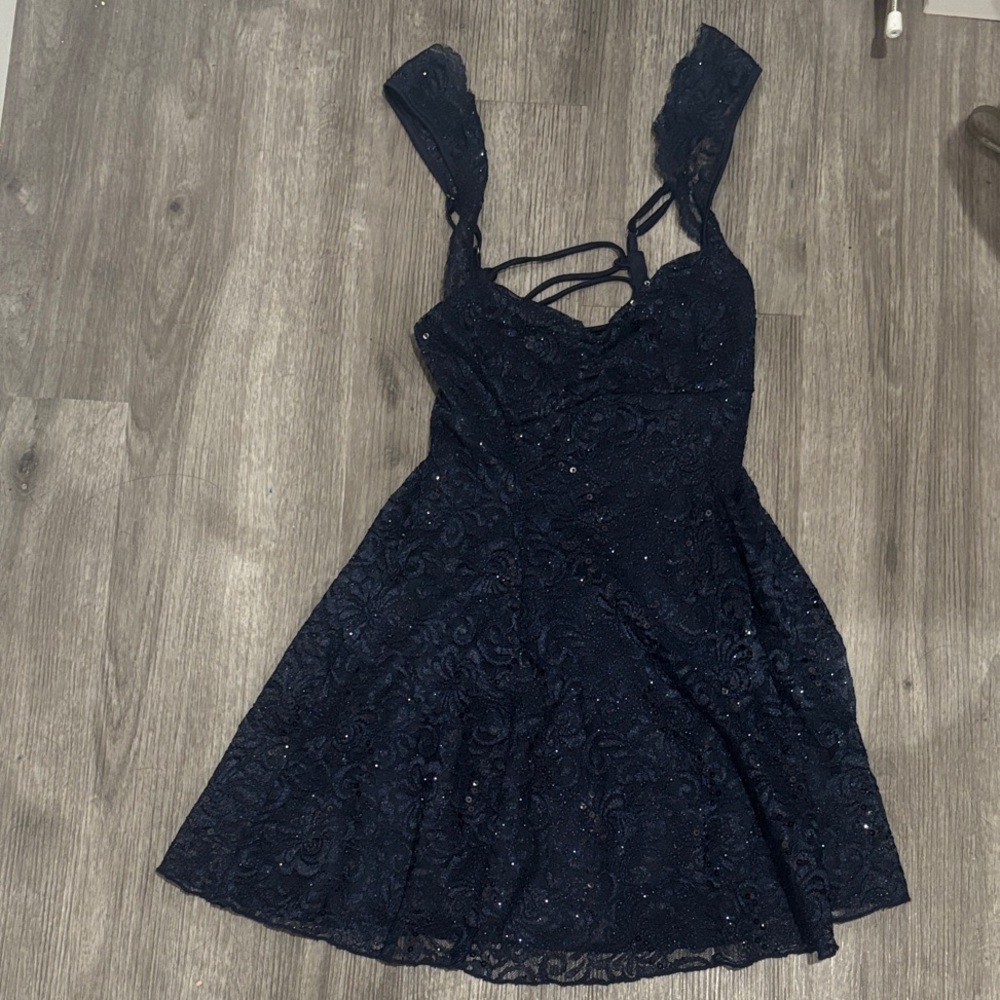 Lucy in the Sky Navy Blue Jacquard Lace A-Line Dress